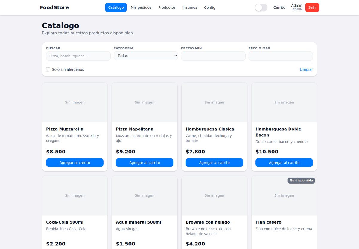 Catálogo de Food Store con filtros por categoría y precio