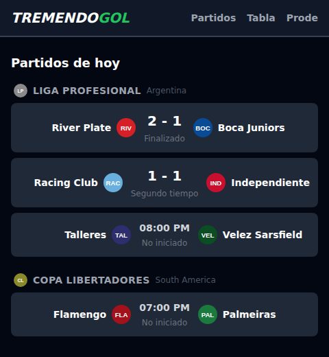 App TremendoGol mostrando fixtures de fútbol del día agrupados por liga